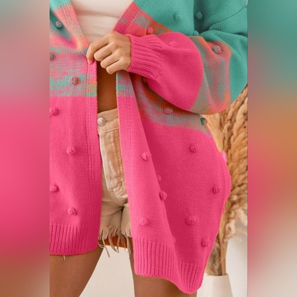 BiBi Puff 3D Pom-pom Oversized Knit Colorblock Ombre Open Sweater Long Cardigan - Picture 3 of 8